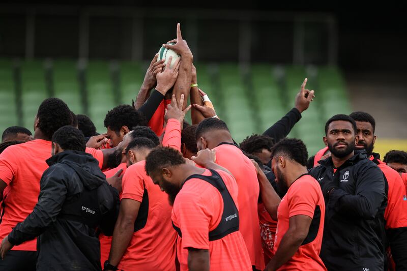 The Fiji team huddle during their captain’s run at the Aviva Stadium on Friday. Photograph: Ben Brady/Inpho