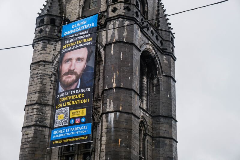 A large banner in support of Olivier Vandecasteele displayed in Tournai, Belgium. There was a widespread campaign for the liberation of the humanitarian worker before his release in May. PhotograpH: Justin Namur/Belga Mag/AFP via Getty Images