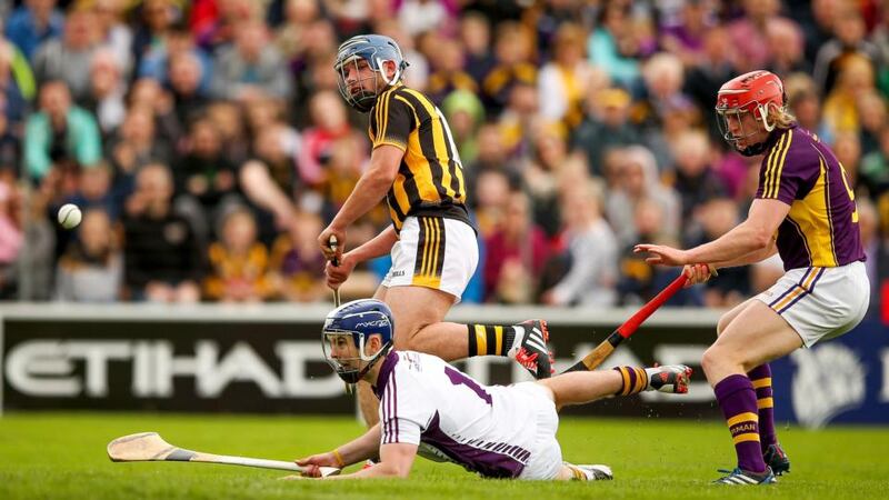 Ger Aylward scores his third and his side’s fifth goal in the Leinster SHC semi-final victory over Wexford at Nowlan Park. Photo: James Crombie/Inpho