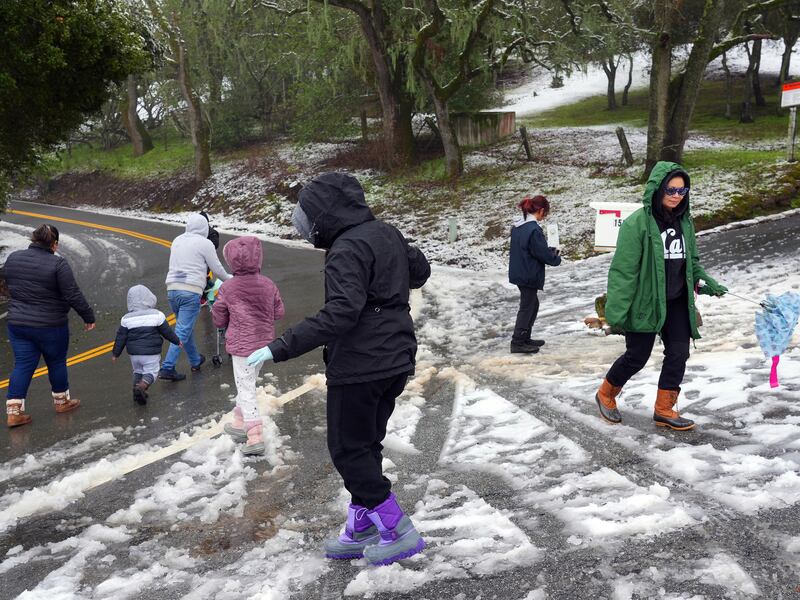 People walk through a rare layer of snow in the hills above San Jose, California on Friday. Photograph: Jim Wilson/The New York Times