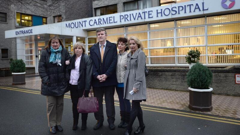 INMO representatives Marian Hendrick, left, Eileen Finn, Philip McAnenly,  Eleanor Byrne and Patricia Kelly Maloney at Mount Carmel Hospital, Churchtown, Dublin, where a joint provisional liquidator has been appointed. Photograph: Brenda Fitzsimons/The Irish Times