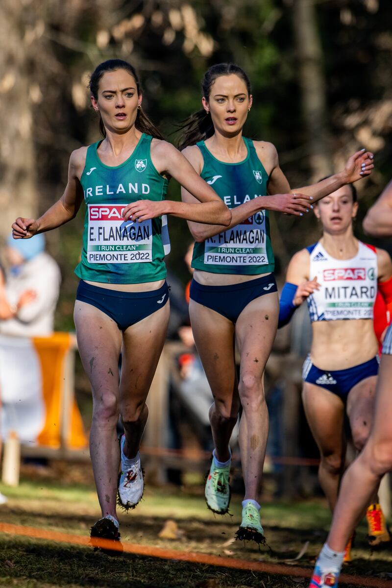 Ireland’s Eilish Flanagan and Roisin Flanagan running the Senior Women’s 8000m in the European Cross Country Championships in Turin, Italy. Photograph: Sasa Pahic Szabo/Inpho