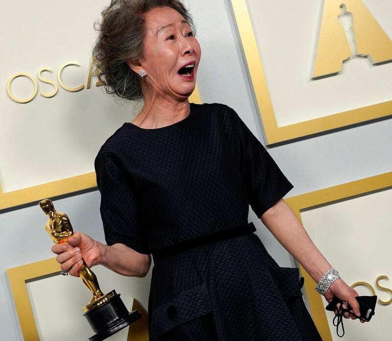 Yuh-Jung Youn, winner of the award Actress in a Supporting Role for "Minari," poses in the press room at the Oscars on April 25, 2021, at Union Station in Los Angeles. (Photo by Chris Pizzello / POOL / AFP) (Photo by CHRIS PIZZELLO/POOL/AFP via Getty Images)