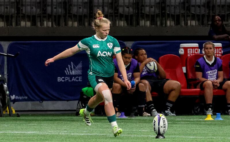 Ireland’s number 10 Dannah O’Brien kicks a conversion. Photograph: Travis Prior