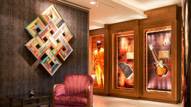 The lobby in the Dublin Hard Rock Hotel, complete with memorabilia