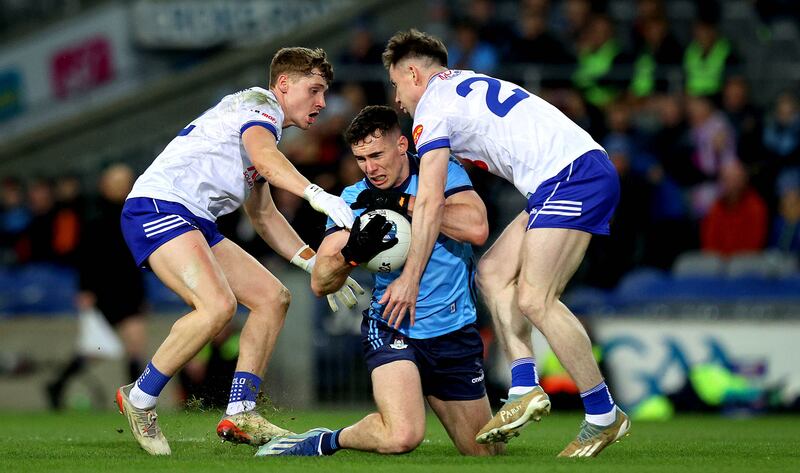 Dublin’s Lee Gannon with Michael Hamill and Darragh Treanor of Monaghan. Photograph: Ryan Byrne/Inpho