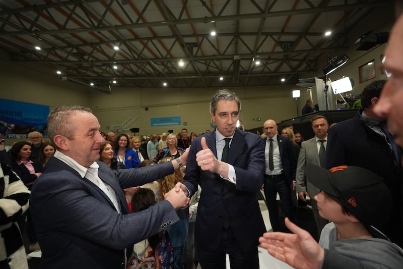 Taoiseach and Fine Gael leader Simon Harris arrives at the election count centre at Shoreline Leisure Greystones in Co Wicklow. Photograph: Niall Carson/PA Wire