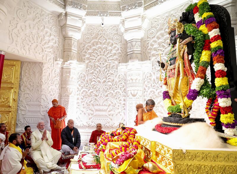 Indian prime minister Narendra Modi attends the inauguration of a new temple on the site of the demolished 16th century Babri mosque in  Ayodhya on January 22nd. Photograph: Imtiyaz Khan/Anadolu via Getty Images