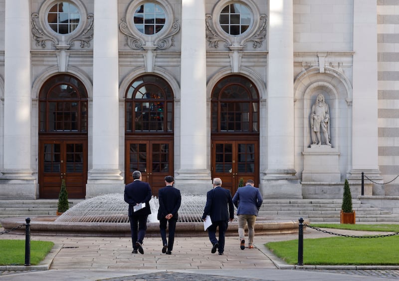 Brothers Danny and Michael Healy-Rae on their way into Government Buildings for talks on the formation of the next government.
Photograph: Alan Betson / The Irish Times

