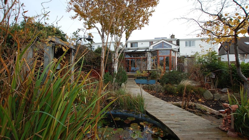 The landscaped back garden, with a raised deck that meanders through fish ponds and sun traps