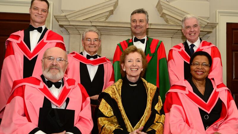 Pictured with the Chancellor of Trinity College Mary Robinson and the Provost, Prof Patrick Prendergast are the recipients of Honorary Degrees at Trinity College. Standing Rory O Neill, Tomi Rechental, Fr Peter Mc Verry. Front:  Senator t David Norris, and Graca Machel . Photograph: Cyril Byrne/The Irish Times