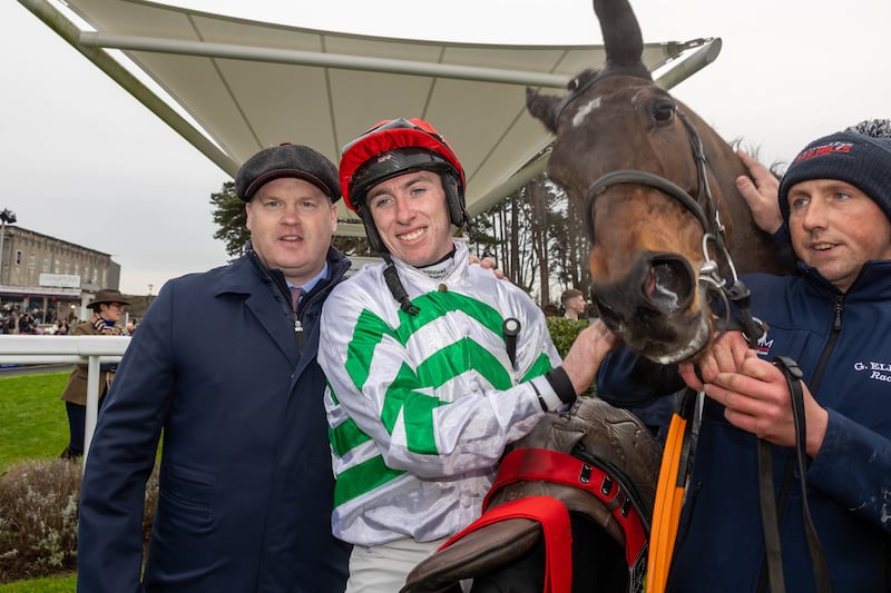 Trainer Gordon Elliott, jockey Jack Kennedy and groom Gary Grogan celebrate winning with Found a Fifty. Photograph: Morgan Treacy/Inpho