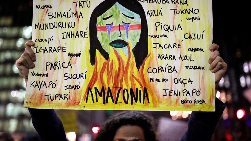 A protester holds a sign with the names of various indigenous tribes during a demonstration to demand for more protection for the Amazon rainforest, in Sao Paulo, on Friday. Photograph: Nacho Doce/Reuters