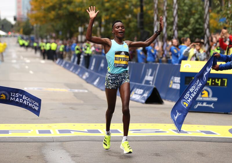 Diana Kipyogei winning the 125th Boston Marathon in 2021. Kipyokei, has since been found to have used triamcinolone acetonide, was also charged with tampering by the AIU, and she’s now looking at a four-year suspension. Photograph: Maddie Meyer/Getty Images