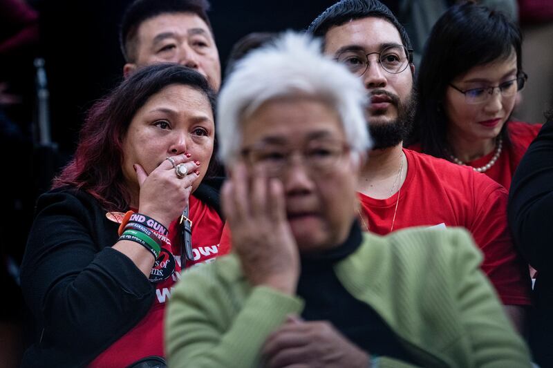 Audience members  listen to US president Joe Biden’s speech on reducing gun violence in Monterey Park, California in  March 14th. Photograph: Haiyun Jiang/New York Times
                      