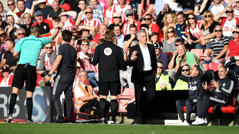 Manchester United manager Jose Mourinho is sent to the stands. Photograph: Dylan Martinez/Reuters