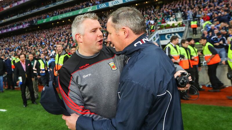 Mayo’s Stephen Rochford and Jim Gavin after the 2016 final. Photo: James Crombie/Inpho