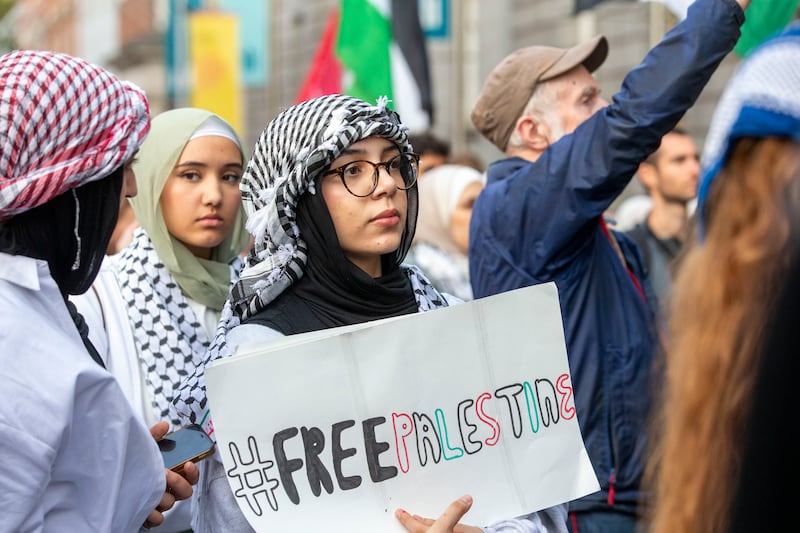 Demonstrators express solidarity with the people of Palestine at a rally outside Leinster House in Dublin. Photograph: Tom Honan