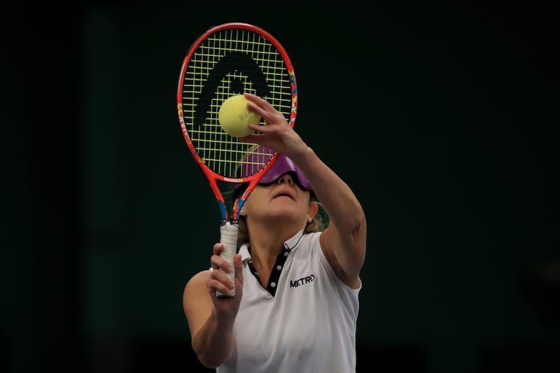  Monica Smith serves during the LTA Visually Impaired National Finals at Wrexham Tennis Centre. Photograph: Cameron Smith/Getty Images for LTA