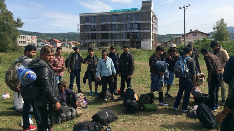 Pakistani men and boys in Bihac, Bosnia, prepare to trek to the nearby Croatian border to try to cross undetected into the EU.  Photograph: Dan McLaughlin