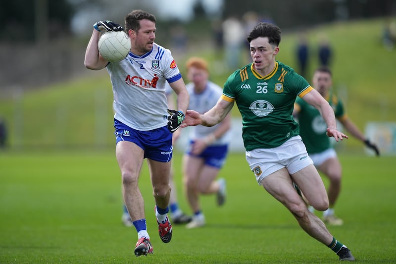 Monaghan's Ryan Wylie comes up against Meath's Eoin Harkin during their Division 2 fixture on Sunday. Photograph: James Lawlor/Inpho