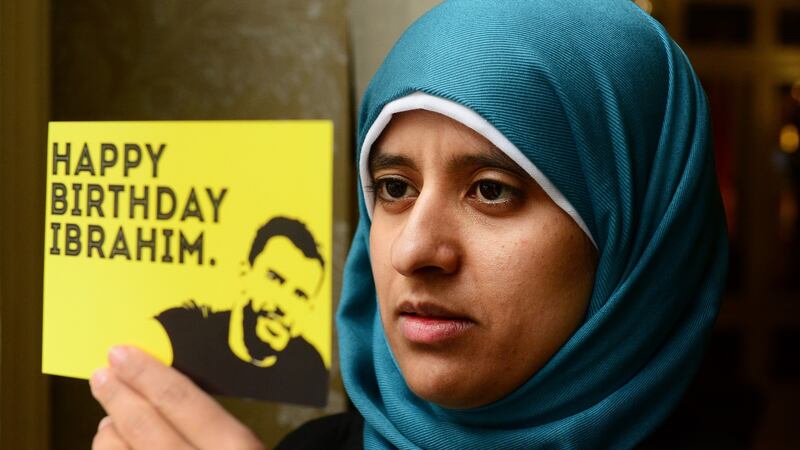 Somaia Halawa with a postcard of her brother Ibrahim Halawa to launch a campaign to free him in late 2015. File photograph: Cyril Byrne/The Irish Times