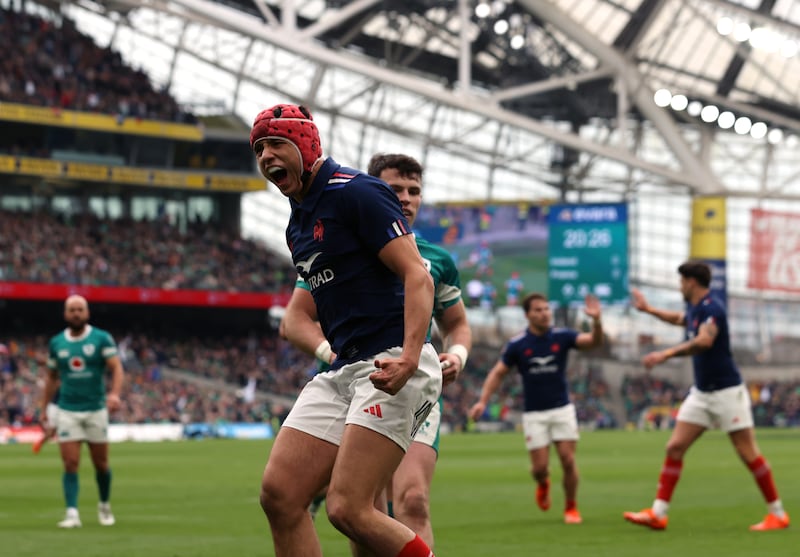 Louis Bielle-Biarrey celebrates scoring France's first try during the Six Nations match against Ireland at the Aviva Stadium. Photograph: Liam McBurney/PA Wire