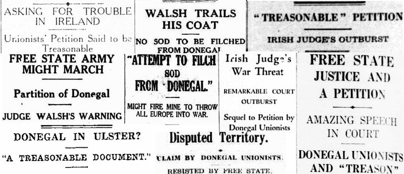 A collage of headlines from newspapers across the British Empire in the 1930s covering the bid by Protestants in East Donegal to have a referendum on joining Northern Ireland.