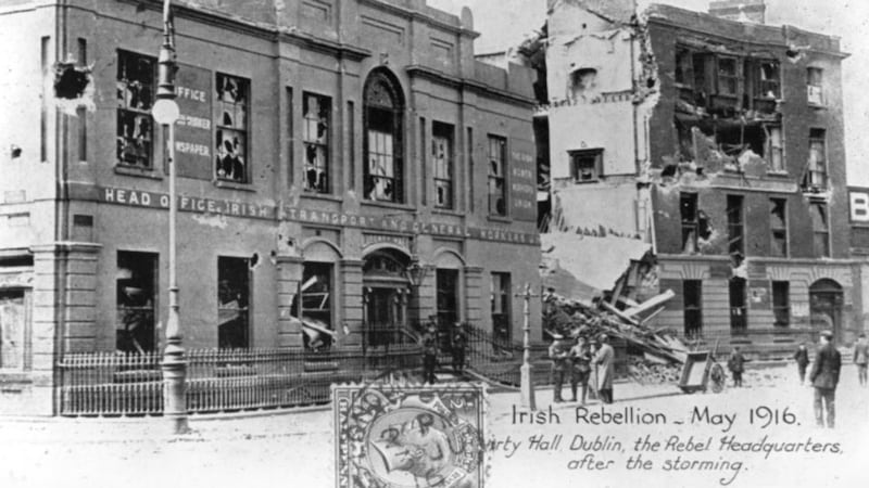 Ruins of a rebel headquarters, Liberty Hall, the Irish Transport & General Workers’ Union building after it was stormed by English troops. Photograph; Ann Ronan Pictures/Print Collector/Getty Images