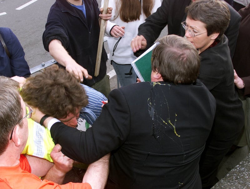 John Prescott is surrounded by protesters after being hit by an egg in Rhyl, Wales in 2001. Photograph: David Kendall/PA Wire