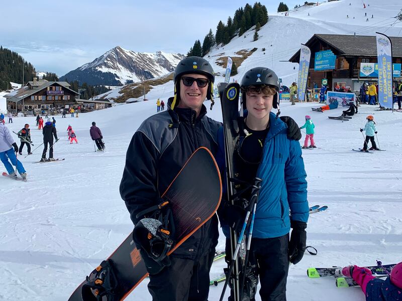 Say Swiss cheese: Fergal McCarthy and his son Dash in Villars-sur-Ollon, Switzerland