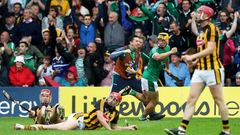 Limerick’s Tom Morrissey celebrates scoring a late point. Photograph: Tommy Dickson/Inpho