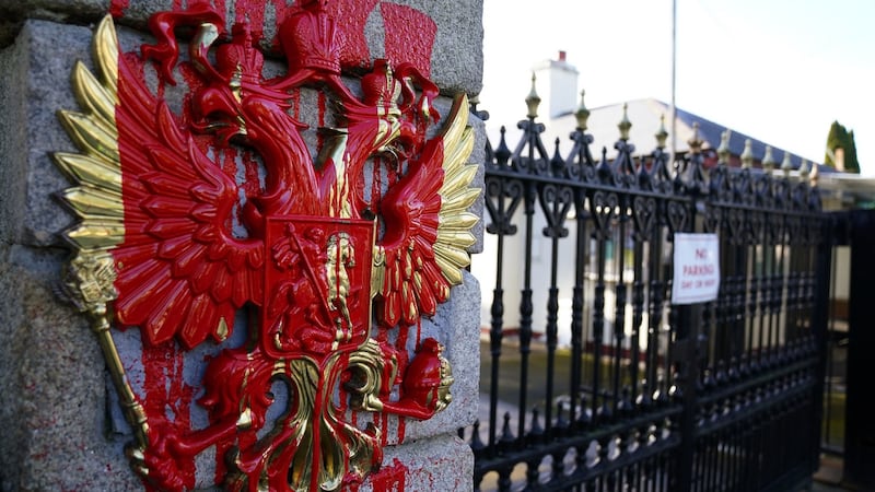 Red paint was poured on the coat of arms of the Russian Federation outside the country’s embassy in Dublin on Thursday following the Russian invasion of Ukraine. Photograph: Brian Lawless/PA Wire