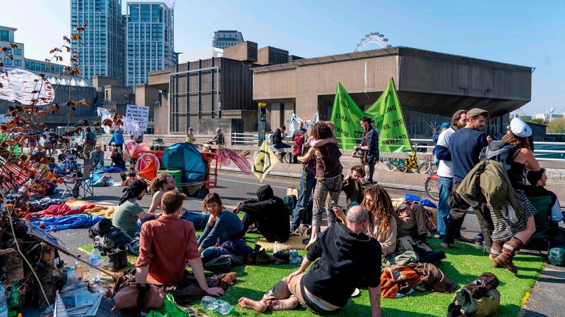 Climate change activists  blocking Waterloo Bridge in London on the sixth day of  protests by Extinction Rebellion. Photograph: Niklas Halle’n/AFP/Getty Images