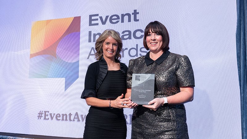 Lorraine Dunne, awards judge, presents the corporate event manager of the year award to Gillian Barry, Laya Healthcare