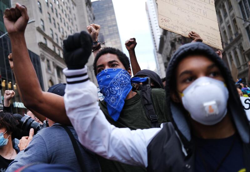 Demonstrators in Manhattan on Tuesday. Photograph: Spencer Platt/Getty