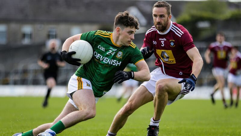 Meath’s James Conlon and Kevin Maguire of Westmeath in action at Páirc Tailteann last weekend. Meath just about got through that Division 2 north tie, scoring seven of the game’s last nine points to win by the narrowest of margins. Photograph: Brian Reilly-Troy/Inpho