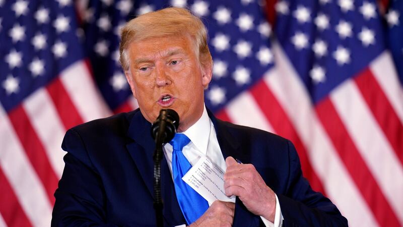 US president Donald Trump speaks on election night at an event at the White House in Washington. Photograph: EPA