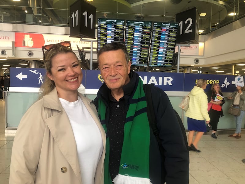 Rugby World Cup: Father and daughter Greg and Yvonne Tyndall departing for Nantes at Dublin Airport on Friday. Photograph: Mark Hilliard