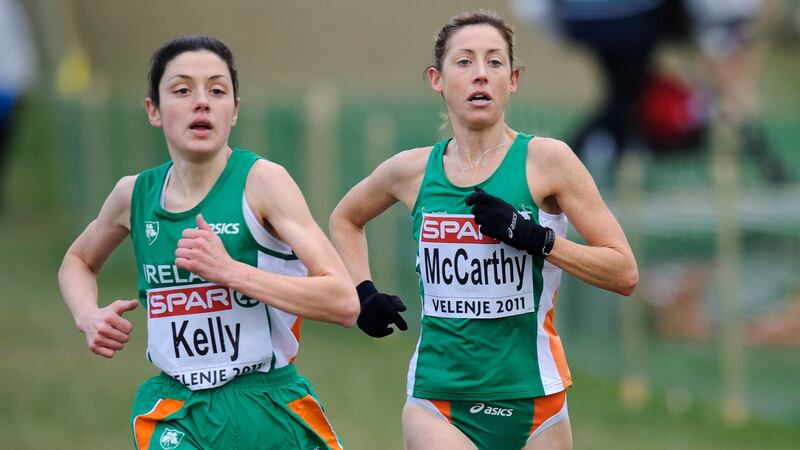 Elish Kelly running with Claire McCarthy during the 2011  European Cross-Country Championships in Velenje, Slovenia. Photograph: Sasa Pahic Szabo/Inpho