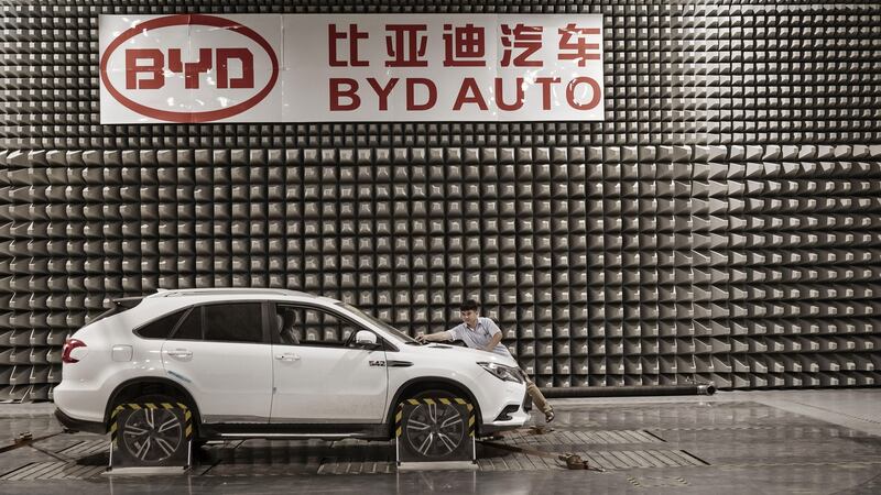 A vehicle sits in an electro-magnetic interference testing lab at BYD  headquarters in Shenzhen, China. In 2018, the firm achieved 247,811 electric vehicle sales globally. Photograph:  Qilai Shen/Bloomberg via Getty Images