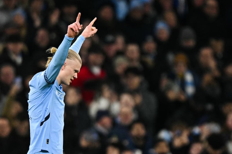 Manchester City's Erling Haaland celebrates scoring their first goal. Photograph: Oli Scarff/AFP via Getty Images