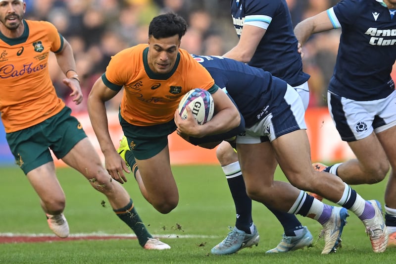 Joseph-Aukuso Suaalii in action against Scotland at Murrayfield. Schmidt’s decision to give him his debut at 13 against England was bold but paid off spectacularly. Photograph: Andy Buchanan/AFP/via Getty Images 