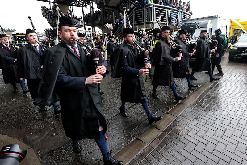 A view of the bagpipe band as the Scotland players arrive Photograph: Billy Stickland/Inpho