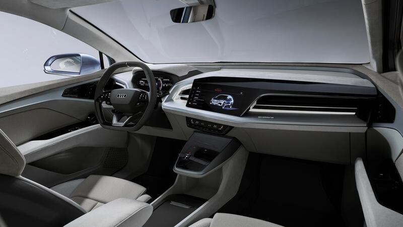 Interior of the Audi Q4 E-Tron: gorgeous clean lines and the equivalent space of a Q5 despite the car measuring in closer to a Q3