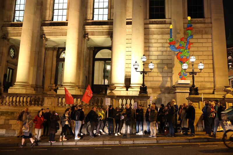 Residents and supporters of Tathony House, Dublin protesting outside Dublin City Council in November. Photograph: Dara Mac Dónaill