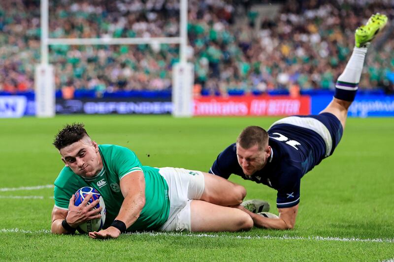 Ireland's Dan Sheehan and Scotland's Finn Russell at the 2023 World Cup. Photograph: Dan Sheridan/Inpho