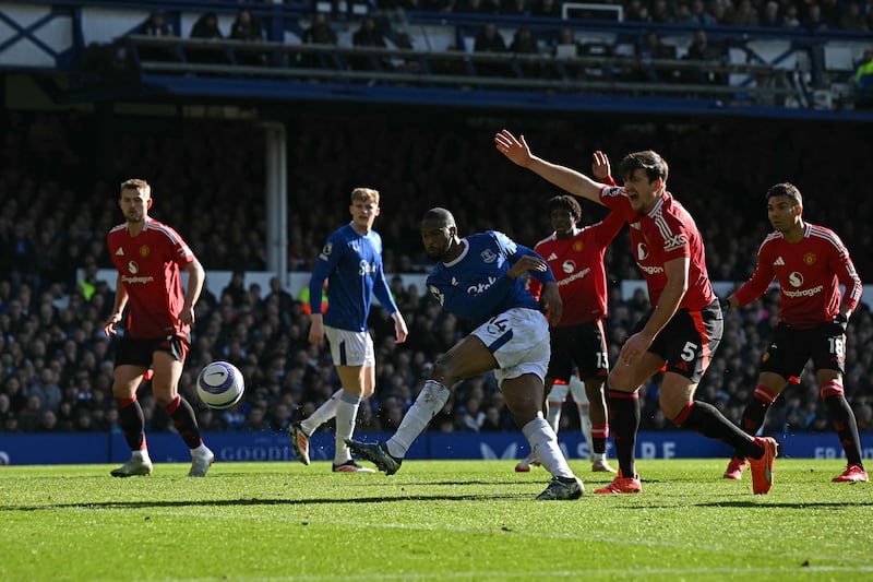 Everton's Portuguese striker Beto scores the opening goal. Photograph: Paul Ellis/Getty