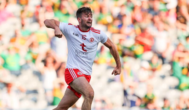 Tyrone's Conor McKenna celebrates scoring against Kerry. Photograph: Ryan Byrne/Inpho