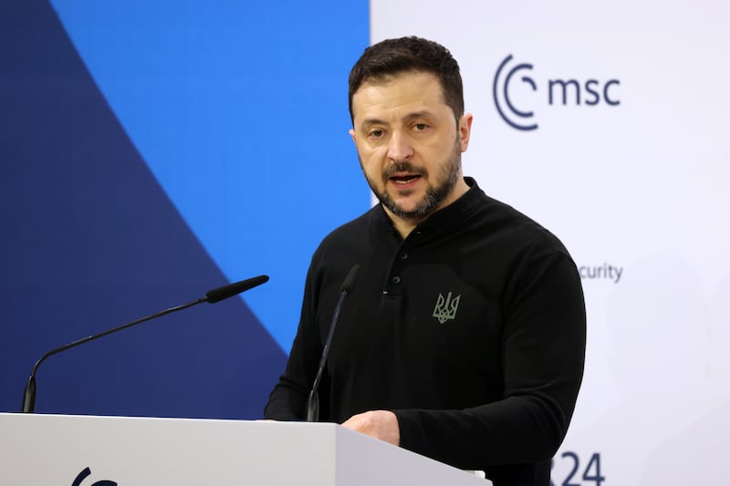 Volodymyr Zelenskiy, Ukraine's president, at the Munich Security Conference on Saturday. Photographer: Alex Kraus/Bloomberg